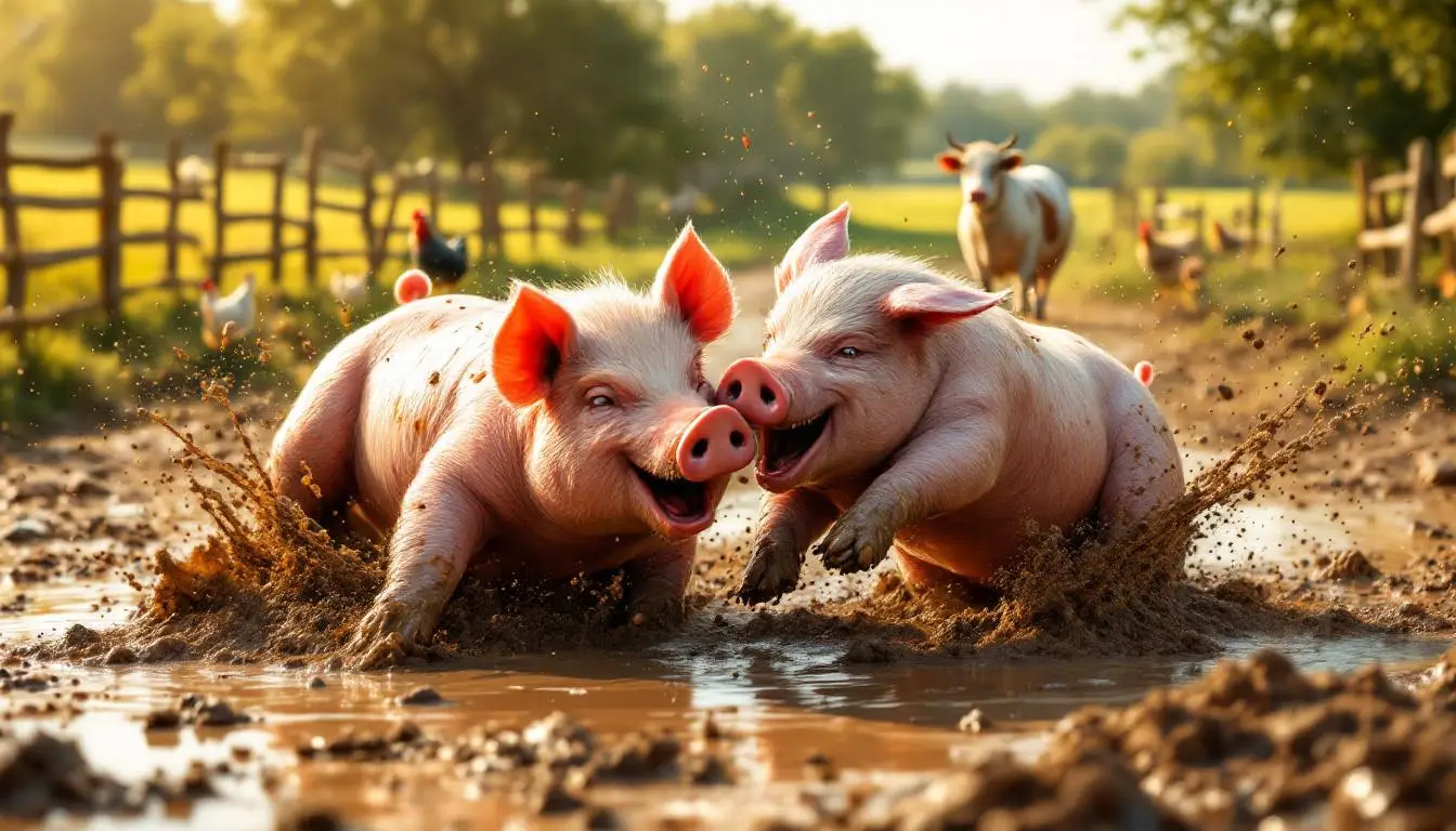 Muscular Pigs Wrestling Muddy Farmyard